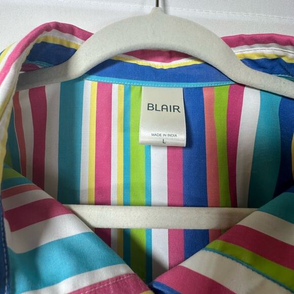 BLAIR Striped Button Down Shirt Top 3/4 Sleeve Womens Sz Large Colorful Rainbow - Picture 3 of 8
